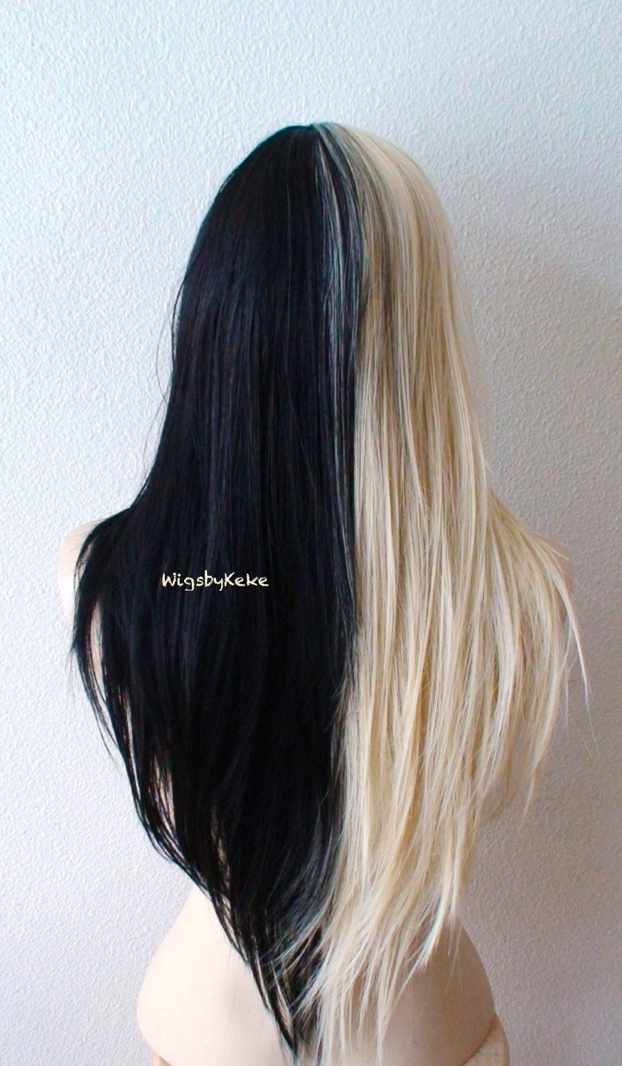 28" Blonde/Black Side by Side Long Straight Layered Hair with Bangs Wig