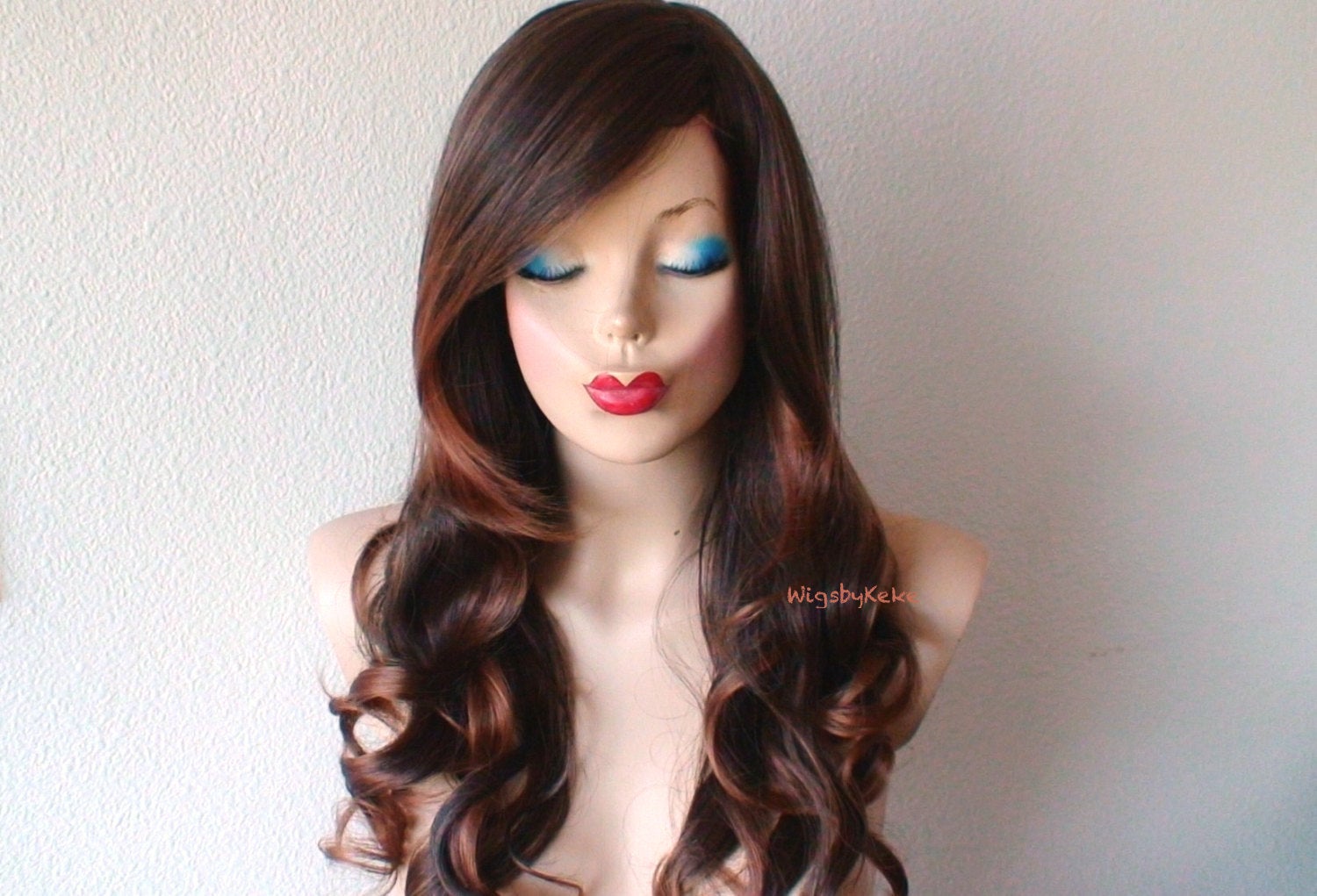 26" Brown Auburn Ombre Long Curly Hair Long Side Bangs Wig