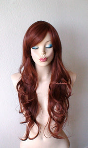 26" Dark Auburn Long Wavy Hair Side Bangs Wig