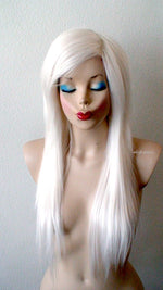 Load image into Gallery viewer, 28&quot; White Blonde Long Straight Layered Hair Long Side Bangs Wig. Scene girl wig. Emo wig.
