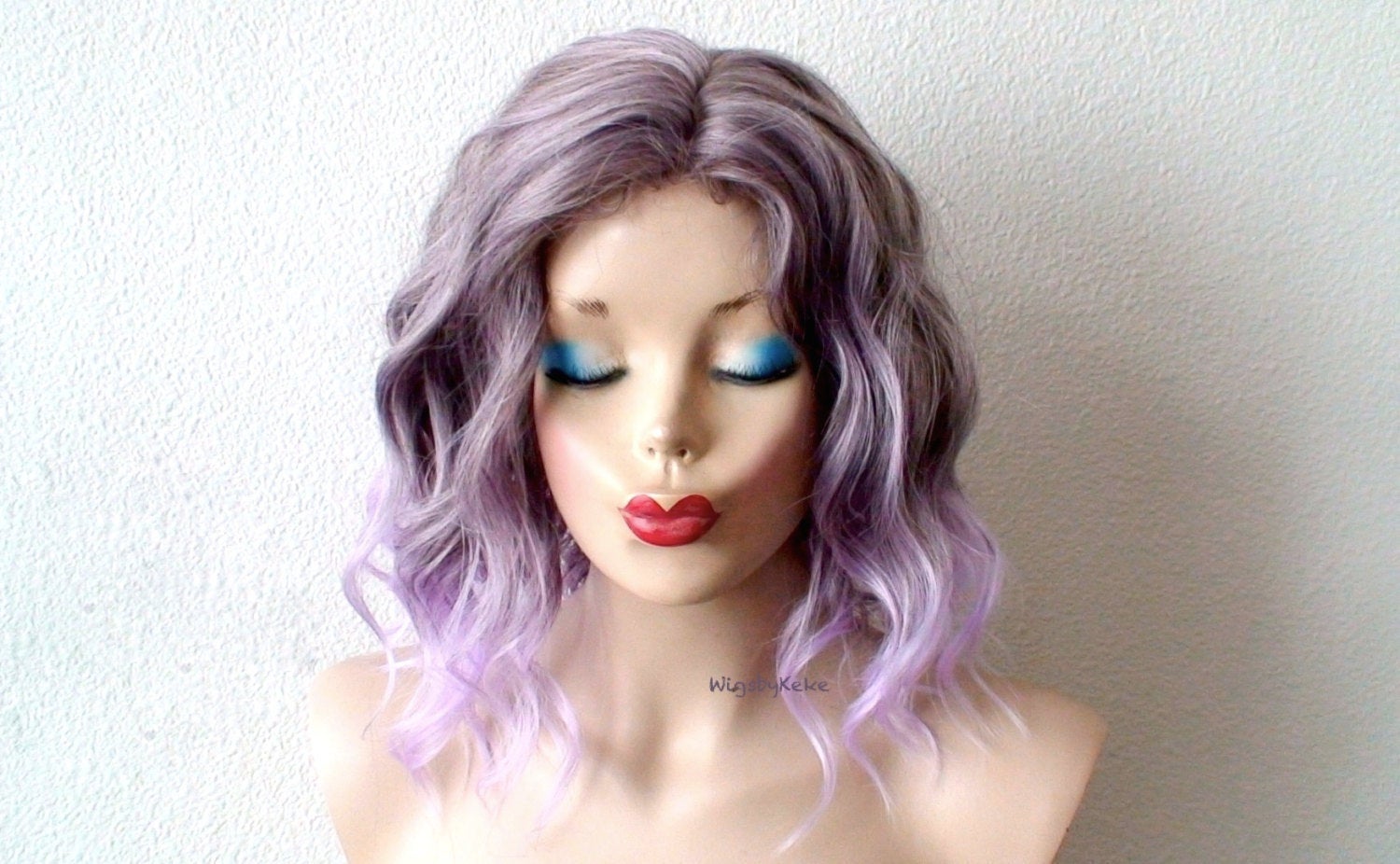 16" Pastel Lavender Ombre Short Wavy Hairstyle Wig