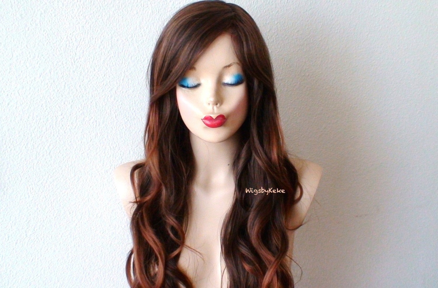 26" Lace front Brown Auburn Ombre Long Wavy Hair Long Side Bangs Wig