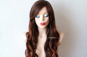 26" Lace front Brown Auburn Ombre Long Wavy Hair Long Side Bangs Wig