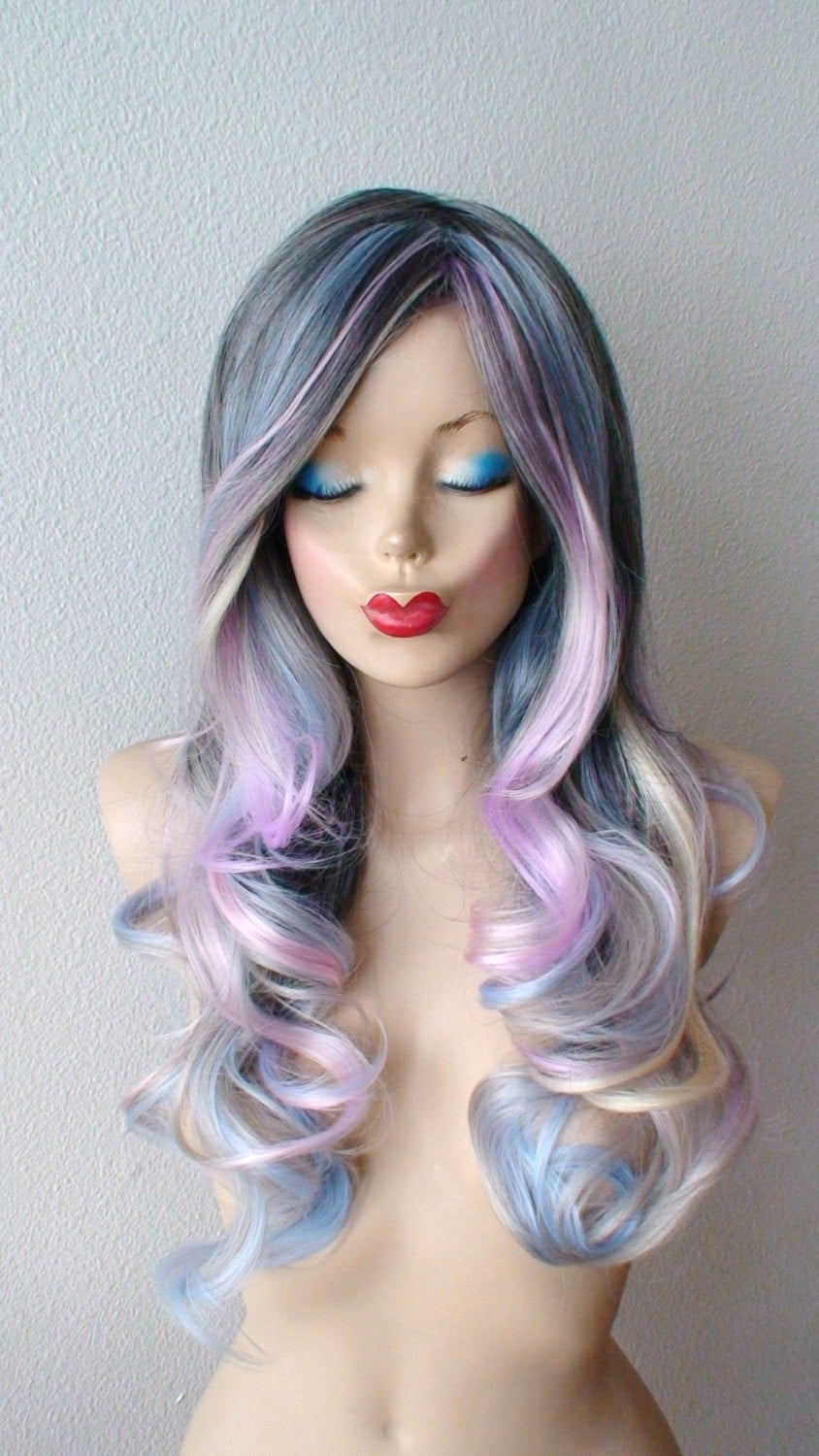 26" Grey Pastel Colored Ombre Long Curly Hair Long Side Bangs Wig.