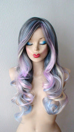 Load image into Gallery viewer, 26&quot; Grey Pastel Colored Ombre Long Curly Hair Long Side Bangs Wig.
