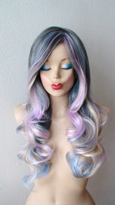 26" Grey Pastel Colored Ombre Long Curly Hair Long Side Bangs Wig.