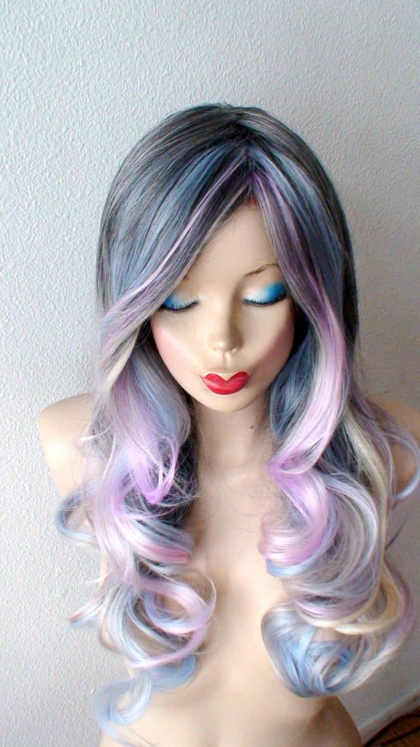 26" Grey Pastel Colored Ombre Long Curly Hair Long Side Bangs Wig.