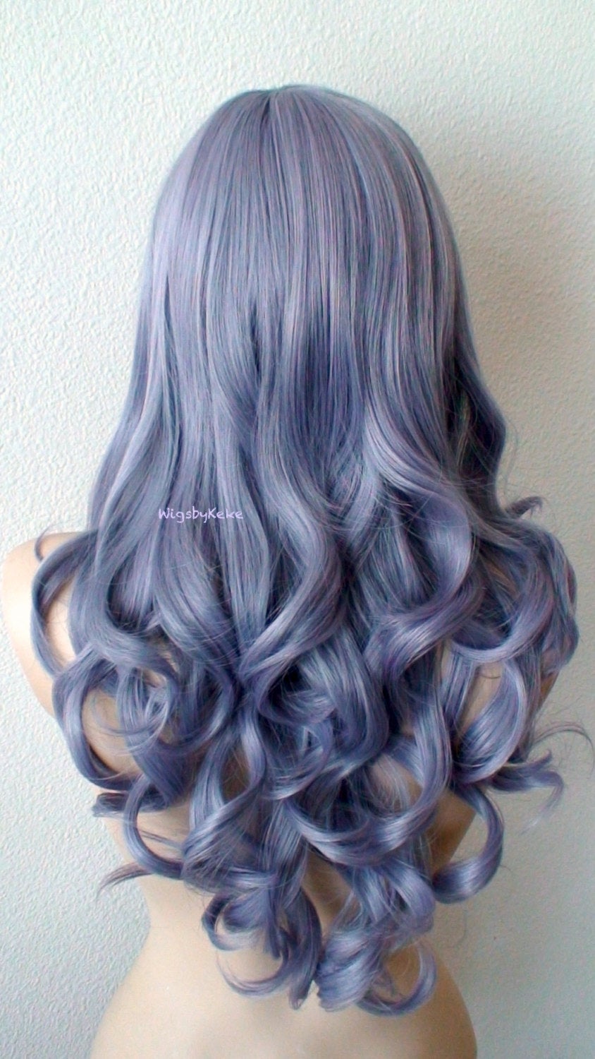 26" Pastel Dark Lavender Gray Long Curly Hair Long Side Bangs Wig