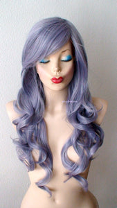 26" Pastel Dark Lavender Gray Long Curly Hair Long Side Bangs Wig