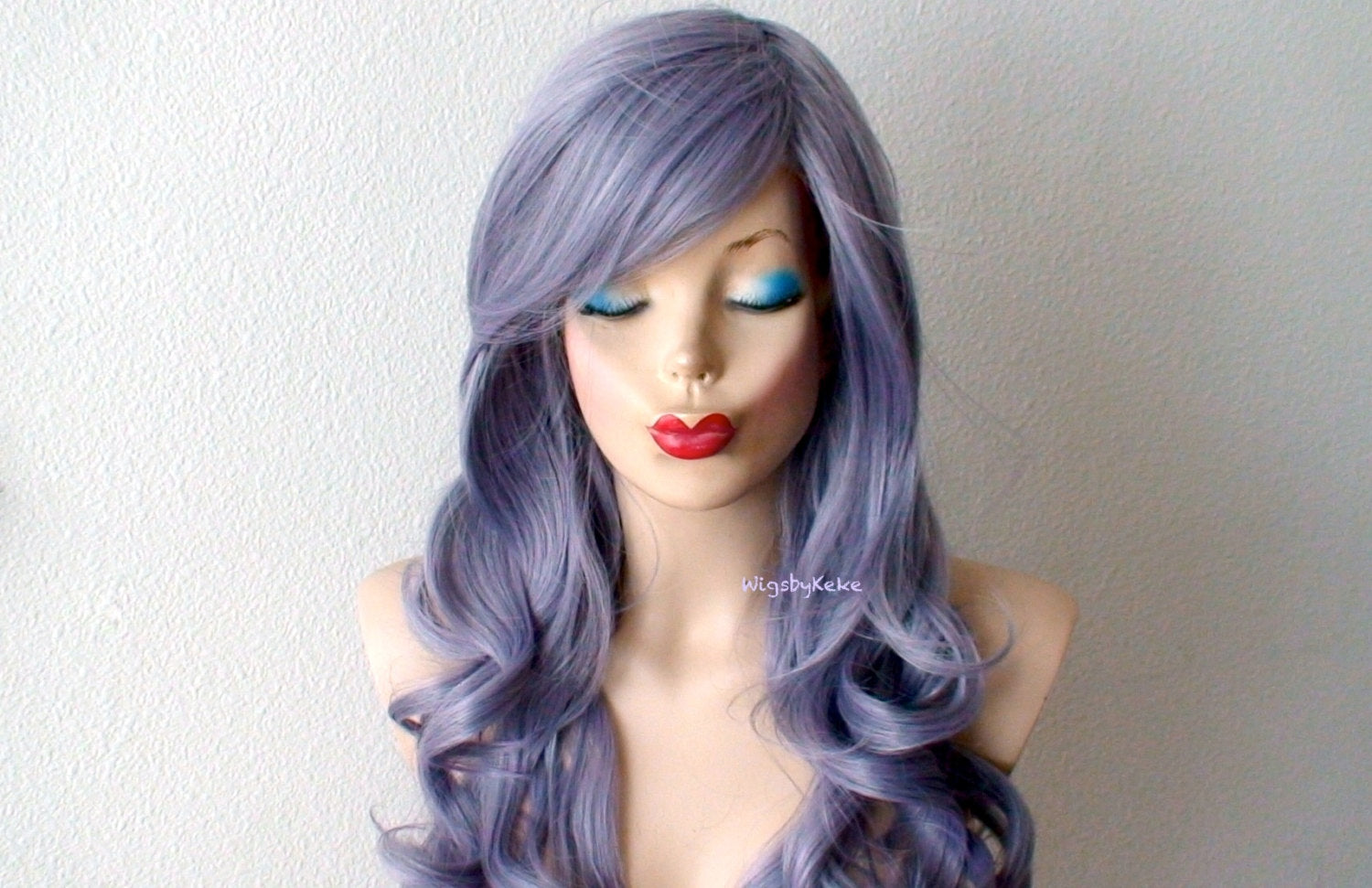 26" Pastel Dark Lavender Gray Long Curly Hair Long Side Bangs Wig