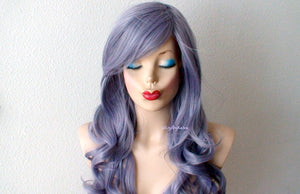 26" Pastel Dark Lavender Gray Long Curly Hair Long Side Bangs Wig