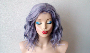 16" Pastel Dark Lavender Gray Short Wavy Hairstyle Wig.