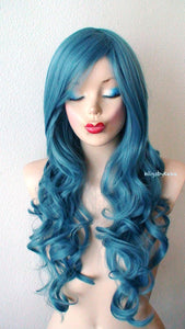 26" Teal Blue Long Curly Hair Long Side Bangs Wig