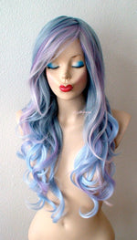 Load image into Gallery viewer, 26&quot; Pastel Blue Lavender Pink Purple Ombre Long Curly Hair Side Bangs Wig. Custom Wig.
