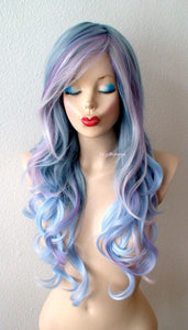 26" Pastel Blue Lavender Pink Purple Ombre Long Curly Hair Side Bangs Wig. Custom Wig.