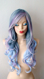 Load image into Gallery viewer, 26&quot; Pastel Blue Lavender Pink Purple Ombre Long Curly Hair Side Bangs Wig. Custom Wig.
