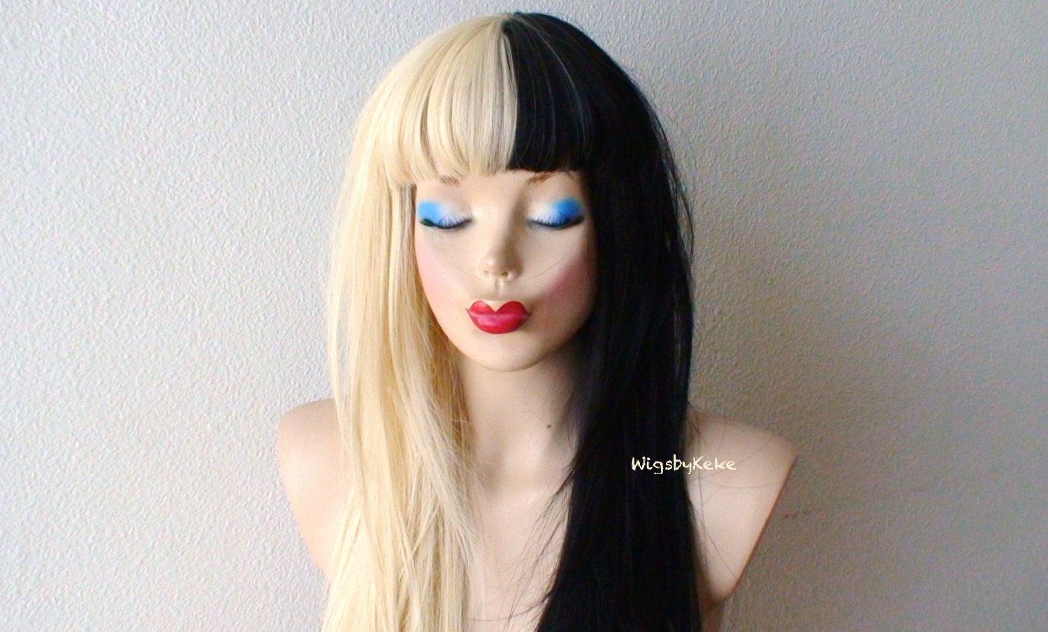 28" Blonde/Black Side by Side Long Straight Layered Hair with Bangs Wig