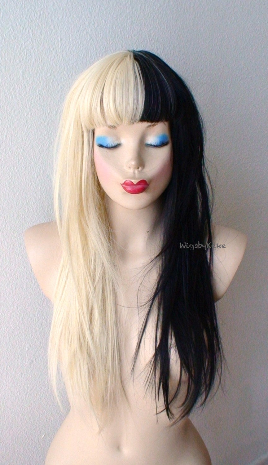 28" Blonde/Black Side by Side Long Straight Layered Hair with Bangs Wig