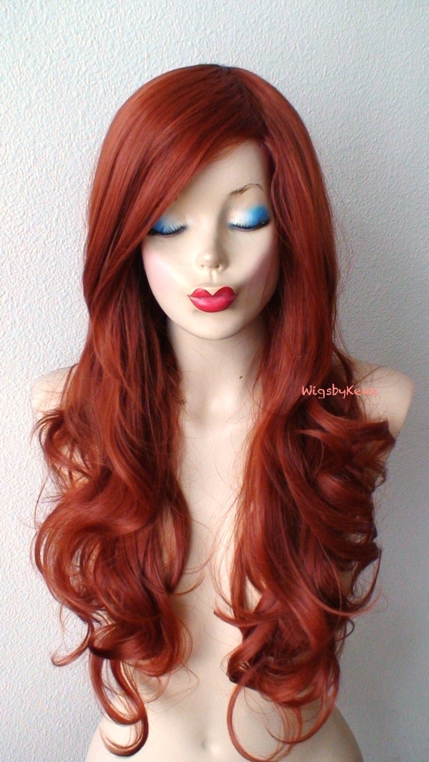 26" Copper Red Long Curly Hair Long Side Bangs Wig