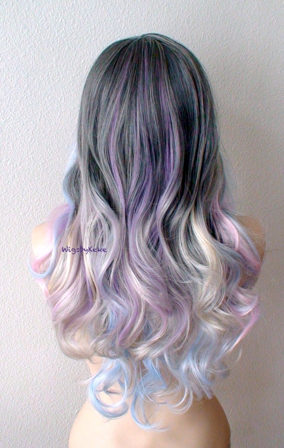 26" Grey Pastel Colored Ombre Long Curly Hair Long Side Bangs Wig.