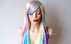 28" Pastel Rainbow Long Straight Layered Hair Long Side Bangs Wig