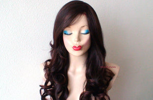 26" Chocolate Brown Auburn Ombre Curly Hair with Long Side Bangs Wig