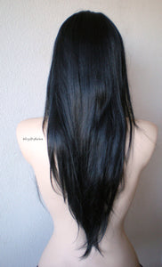 28" Black Long Straight Layered Hair Long Side Bangs Wig