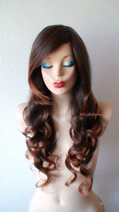 26" Brown Auburn Ombre Long Curly Hair Long Side Bangs Wig