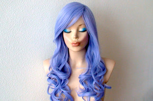 26" Pastel Lavender Blue Long Curly Hair Long Side Bangs Wig