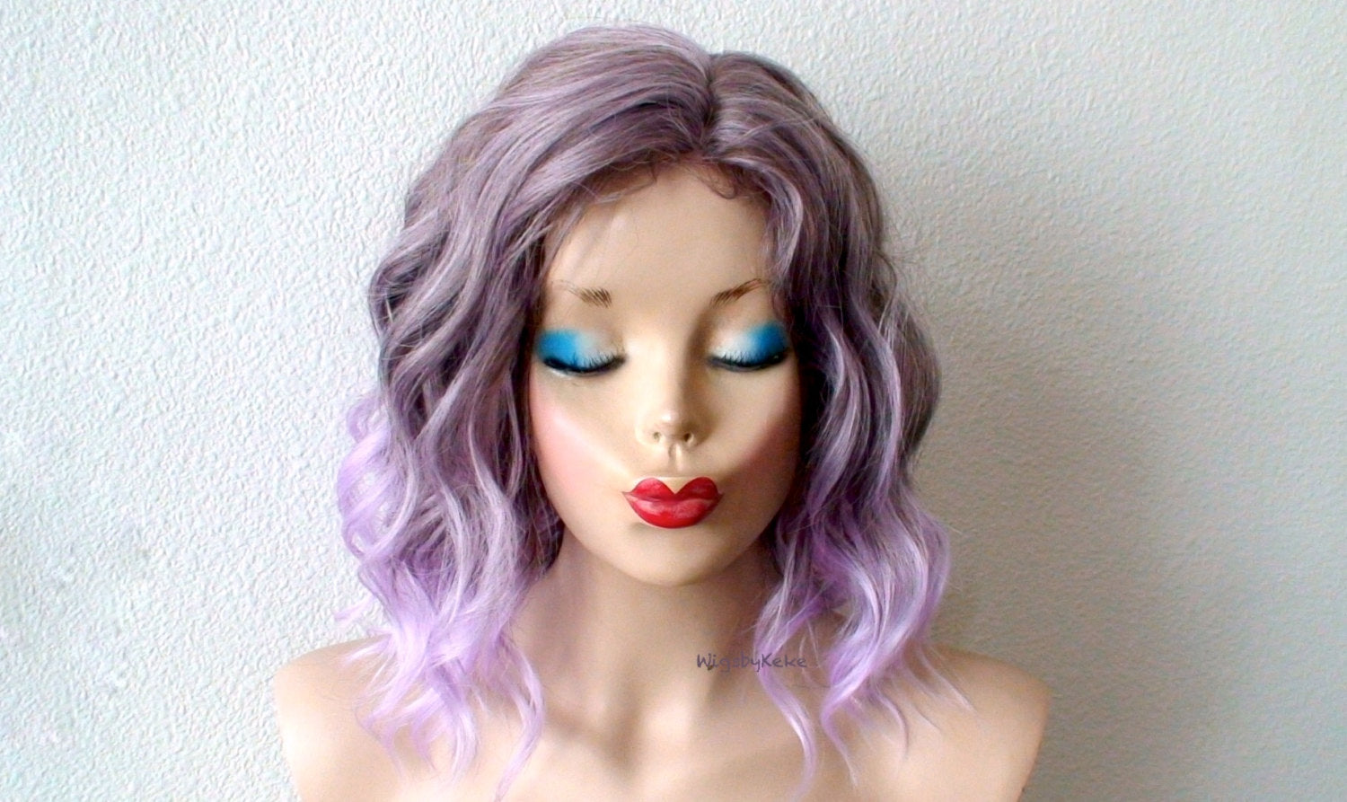 16" Pastel Lavender Ombre Short Wavy Hairstyle Wig