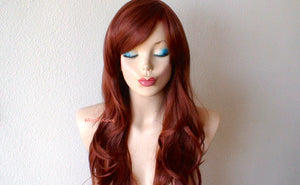 26" Dark Auburn Long Wavy Hair Side Bangs Wig