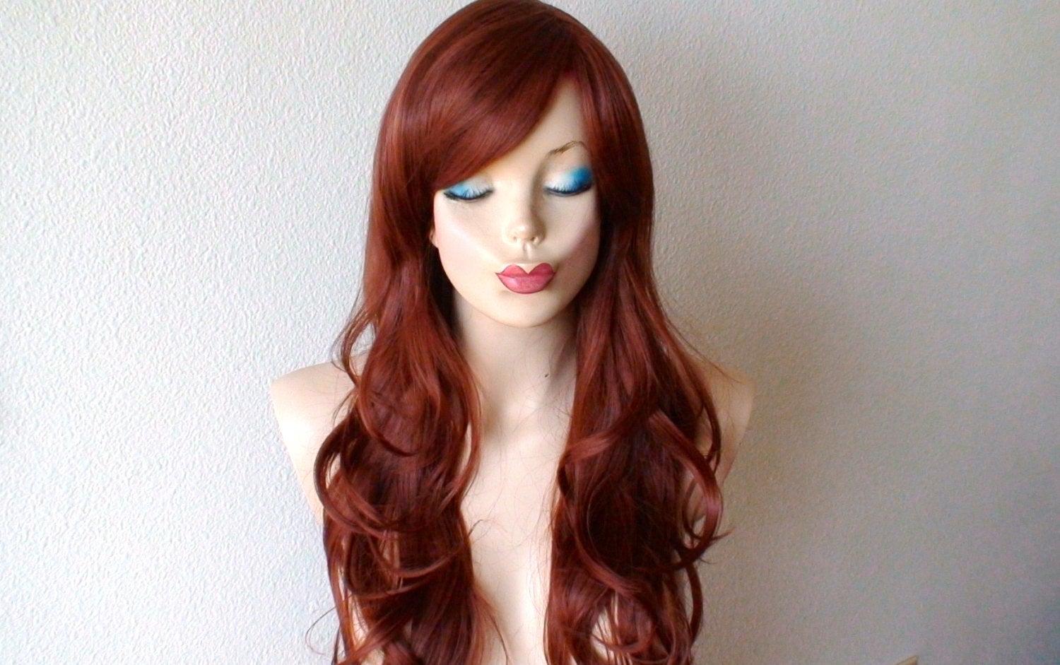 26" Dark Auburn Long Wavy Hair Side Bangs Wig