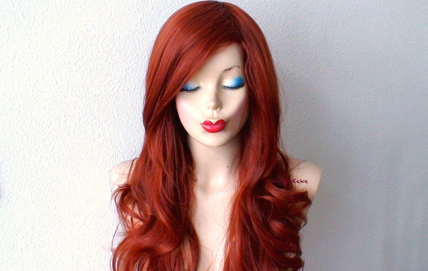 26" Copper Red Long Curly Hair Long Side Bangs Wig