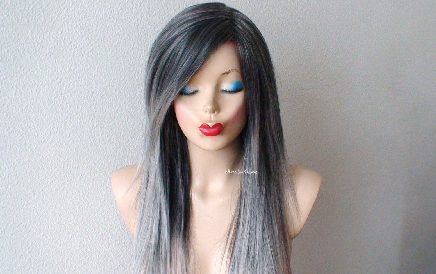 28" Grey Ombre Long Straight Hair Long Side Bangs Wig