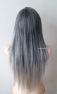 28" Grey Ombre Long Straight Hair Long Side Bangs Wig