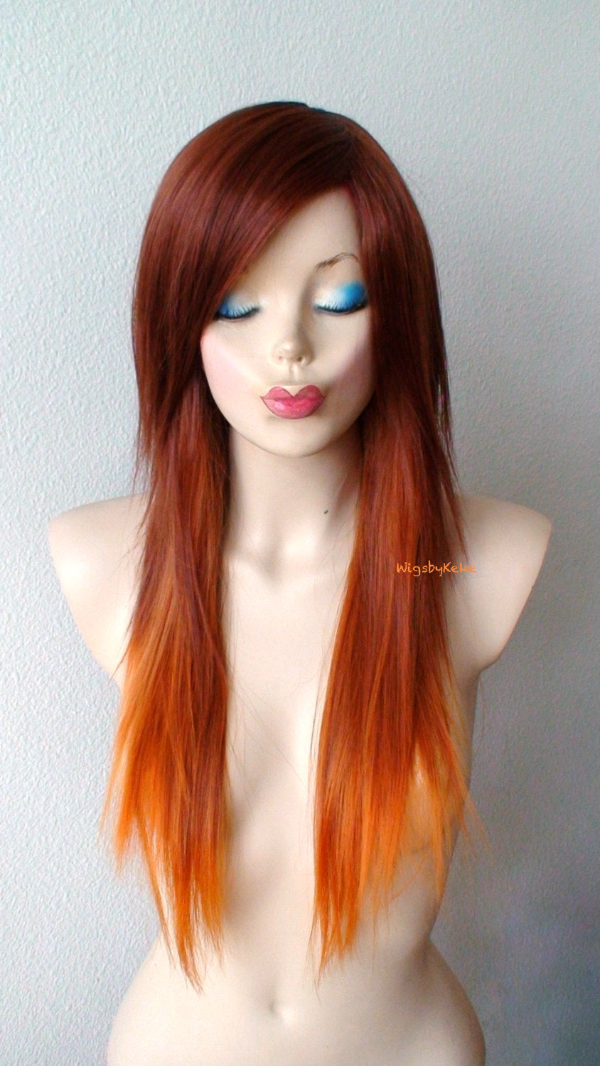 28" Auburn Ginger Red Ombre Long Straight Layered Hair Long Side Bangs Wig