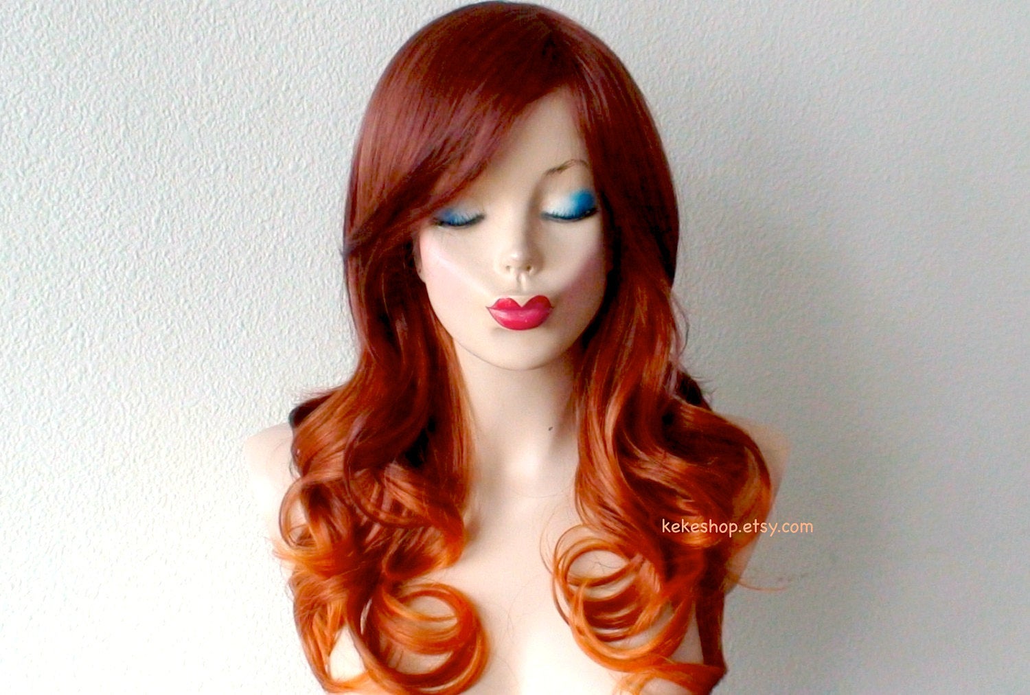 24" Auburn  Ginger Orange Ombre Curly Hair Side Bangs Wig